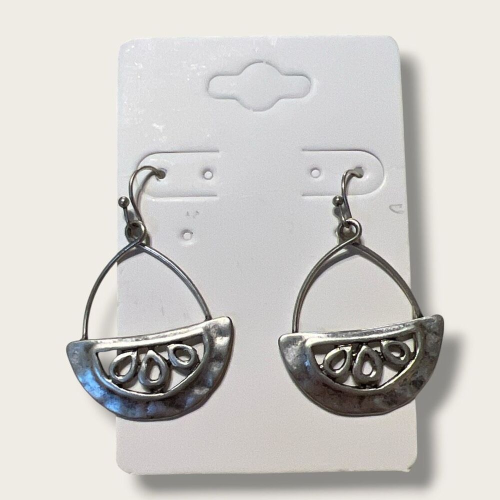 Silver Tone Openwork Half Moon Dangle Earrings Modernist Boho 1.5 Inch